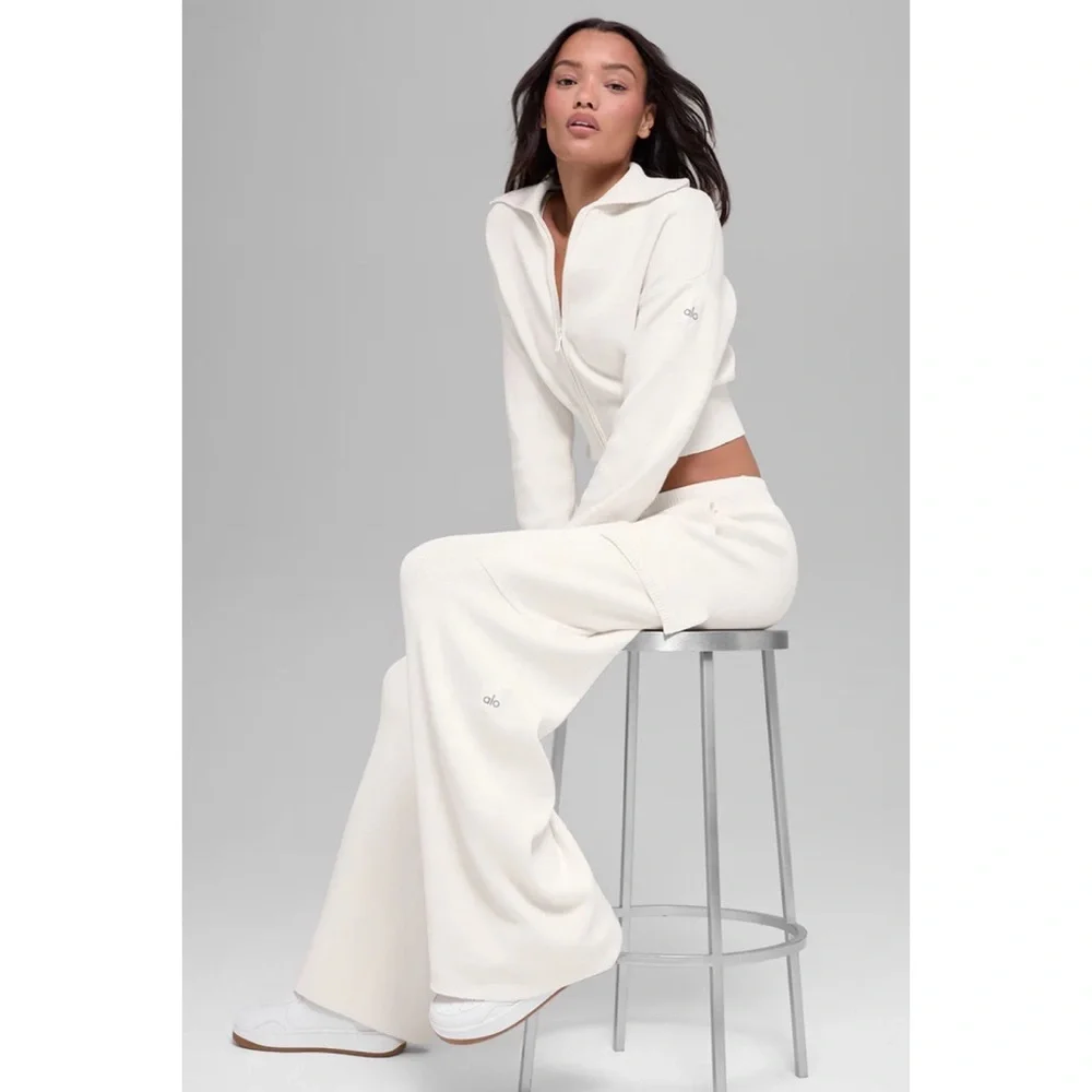 Alo Yoga Scholar Knit Cropped Full Zip Jacket Ivory XS